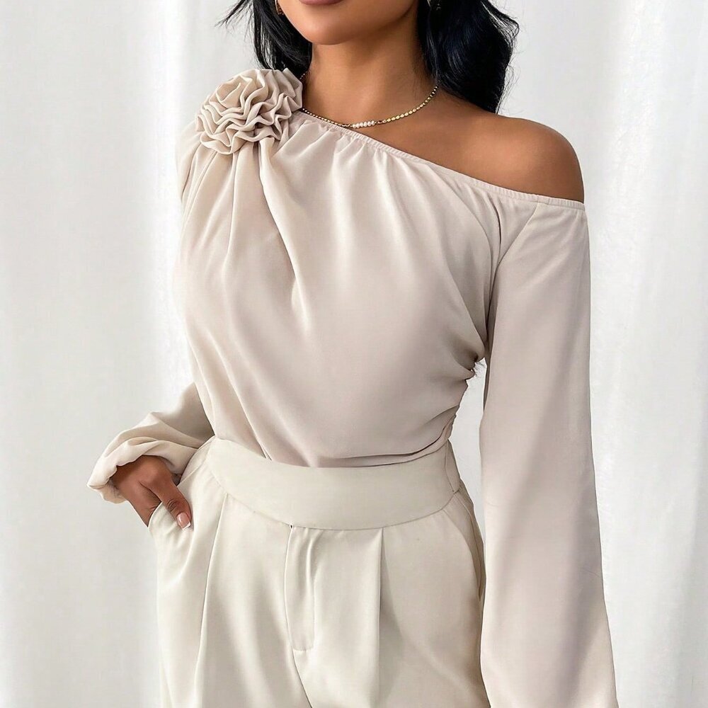 Apricot Elegant Women's Irregular Shoulder Shirt With 3d Flower Decoration - Picture 3 of 6